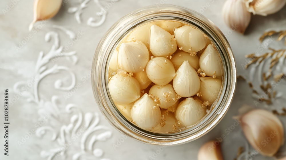 A jar of homemade pickled garlic cloves, placed on a light gray background with delicate decorative swirls in gold A jar of homemade pickled garlic cloves, placed on a light gray background with delicate decorative swirls in gold