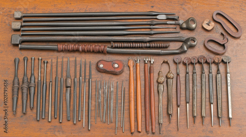 Leather Crafting Tools Displayed on Rustic Wooden Workbench photo