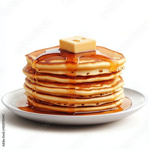 Stack of fluffy pancakes drizzled with syrup and topped with a pat of butter ...