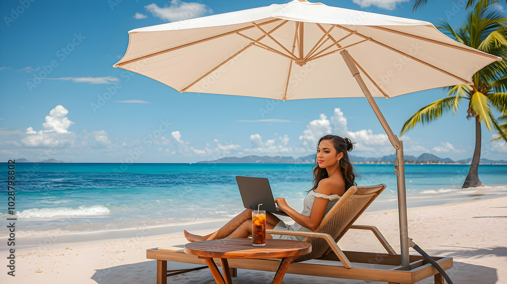 custom made wallpaper toronto digitalAttractive carefree woman sitting lounge chair with laptop under umbrella, freelancer working on vacation. Remote home office design, tropical island coast. Leisure woman on beach online job. AI gen
