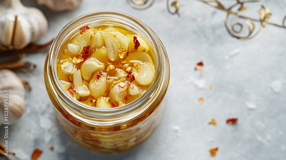 A jar of pickled garlic with chili flakes, placed on a light gray background with artistic decorative flourishes in gold A jar of pickled garlic with chili flakes, placed on a light gray background with artistic decorative flourishes in gold