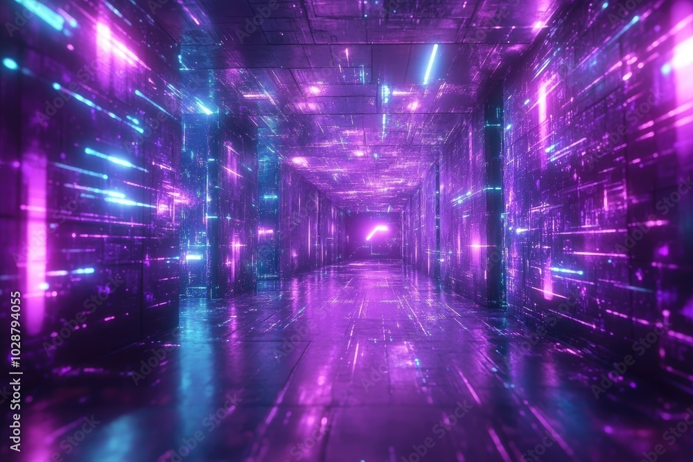 Fototapeta premium Neon lights illuminate a digital hallway. Perfect for sci-fi or tech themes.