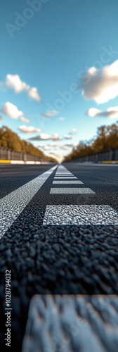 View of a racetracks checkered finish line under a bright blue sky during day...