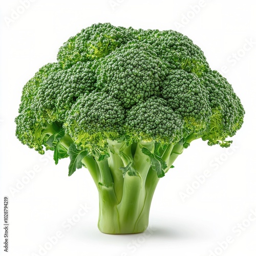 Fresh green broccoli bunch on a white background ready for cooking or healthy...