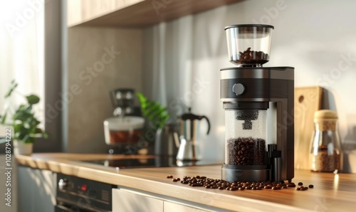 Coffee grinder on the kitchen counter, 4K hyperrealistic photo