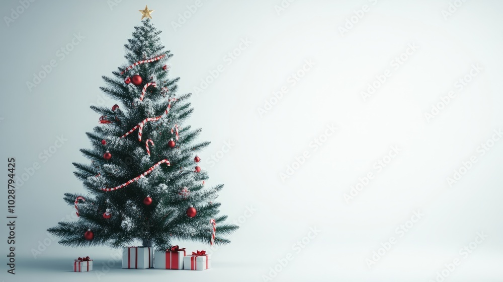 green christmas tree with colourful ornamnets and candy canes green christmas tree with colourful ornamnets and candy canes