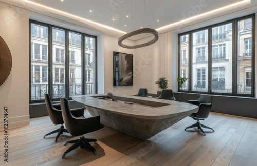 Modern conference room with large table and windows in a minimalist office space