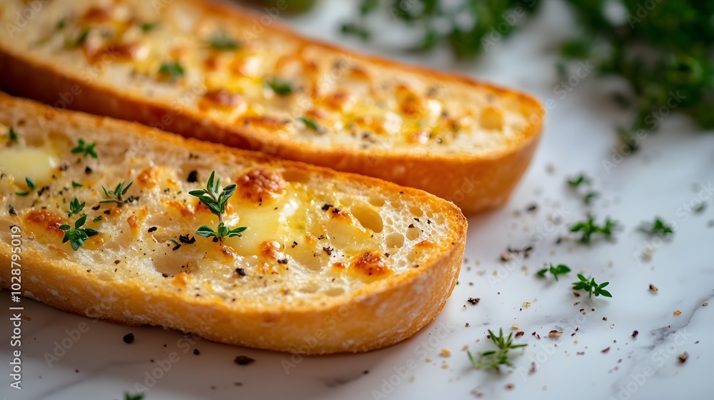 Photorealistic garlic bread slices with golden brown crust and herb toppings on a white marble surface, warm ambient lighting and high detail.