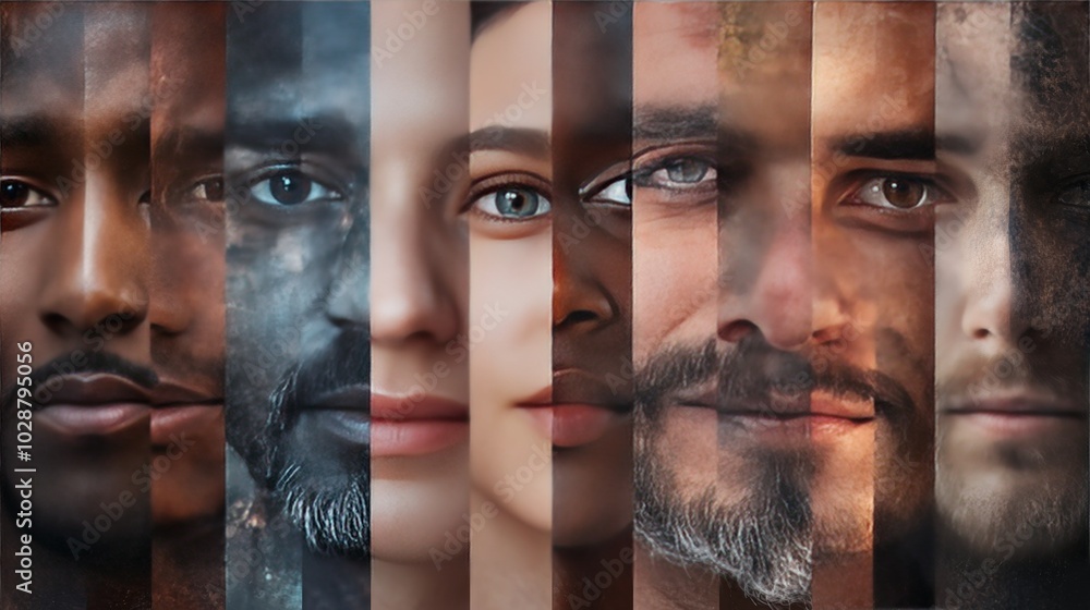 Human face made from different portrait of men and women of diverse age and race. Combination of faces. Concept of social equality, human rights, freedom, diversity, acceptance, standards Human face made from different portrait of men and women of diverse age and race. Combination of faces. Concept of social equality, human rights, freedom, diversity, acceptance, standards