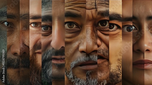 Human face made from different portrait of men and women of diverse age and race. Combination of faces. Concept of social equality, human rights, freedom, diversity, acceptance, standards 