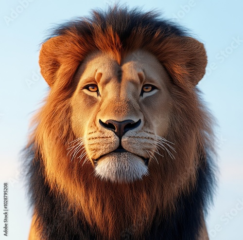 A majestic lion gazing directly at the camera in its natural habitat during g...