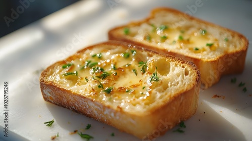 Photorealistic garlic bread slices with golden brown crust and herb toppings on a white marble surface, warm ambient lighting and high detail.