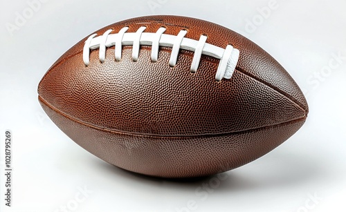 A close up view of a classic brown football displayed on a clean white backgr...