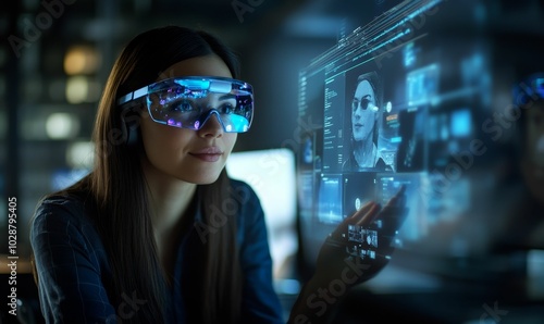 Woman with futuristic glasses interacts with digital screen.