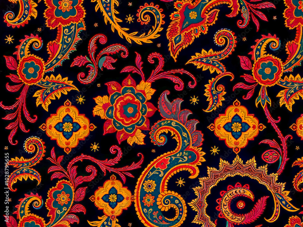 A colorful paisley patterned fabric with flowers and leaves. The colors are bright and bold, creating a lively and energetic mood