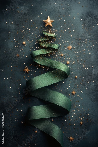 Decorative green ribbon spirals into a Christmas tree shape adorned with gold...