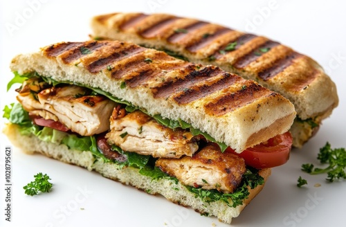 Grilled chicken sandwich with fresh lettuce and tomatoes on a white background