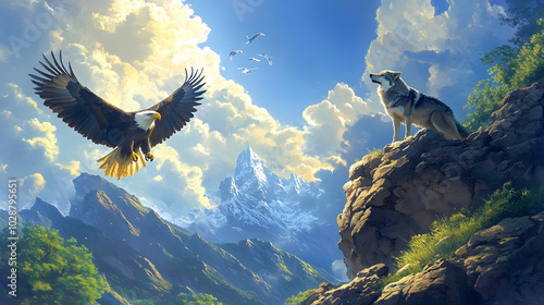 The Unity of Two Spirits: The Glide of the Eagle and the Stance of the Wolf Against Nature's Backdrop photo