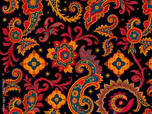 Obraz na płótnie A colorful paisley patterned fabric with flowers and leaves. The colors are bright and bold, creating a lively and energetic mood w salonie