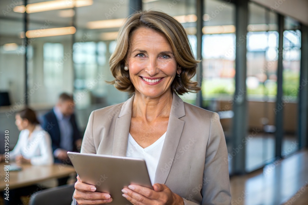 Smiling Caucasian businesswoman with tablet in modern office Smiling Caucasian businesswoman with tablet in modern office
