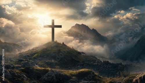 A holy cross shines brightly over Golgotha Hill during sunset among clouds