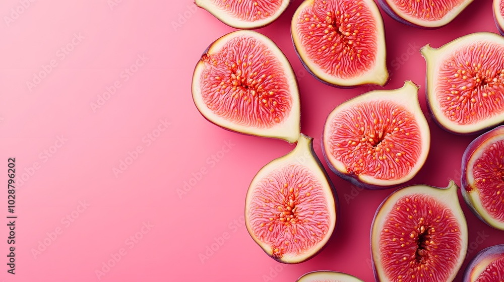 Sliced figs with vibrant pink flesh and visible seeds arranged on a light red background, featuring macro detail and soft diffused lighting. Sliced figs with vibrant pink flesh and visible seeds arranged on a light red background, featuring macro detail and soft diffused lighting.