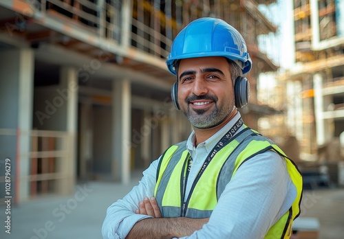 Construction worker smiling at a building site during daylight