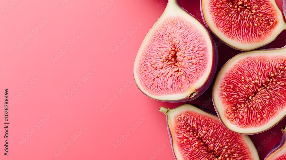 Sliced figs with vibrant pink flesh and visible seeds arranged on a light red background, featuring macro detail and soft diffused lighting. Sliced figs with vibrant pink flesh and visible seeds arranged on a light red background, featuring macro detail and soft diffused lighting.