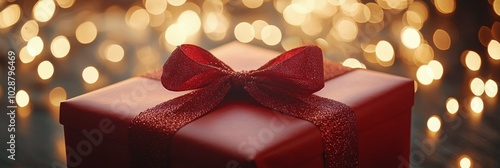 A beautifully wrapped gift box with a red ribbon against a soft, sparkling ba...