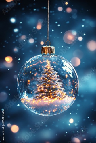 Beautiful glass ornament showcasing a glowing Christmas tree in enchanting winter setting