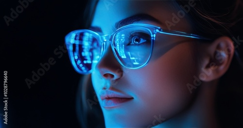 Young woman with glowing glasses immersed in digital technology at night