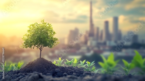 A small tree grows from soil, symbolizing nature amidst a blurred city skyline at sunset.