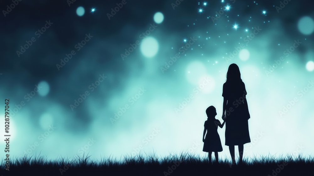 Silhouetted figures of a woman and child gaze at a starry night sky, creating a serene scene, AI Silhouetted figures of a woman and child gaze at a starry night sky, creating a serene scene, AI
