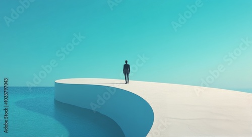 A solitary figure stands on a winding pathway amidst a foggy landscape at dawn