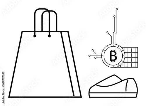 Shopping bag, shoe, and Bitcoin symbol. Ideal for e-commerce, cryptocurrency transactions, online shopping, digital currency integration, and retail innovation. Black and white minimalist vector art