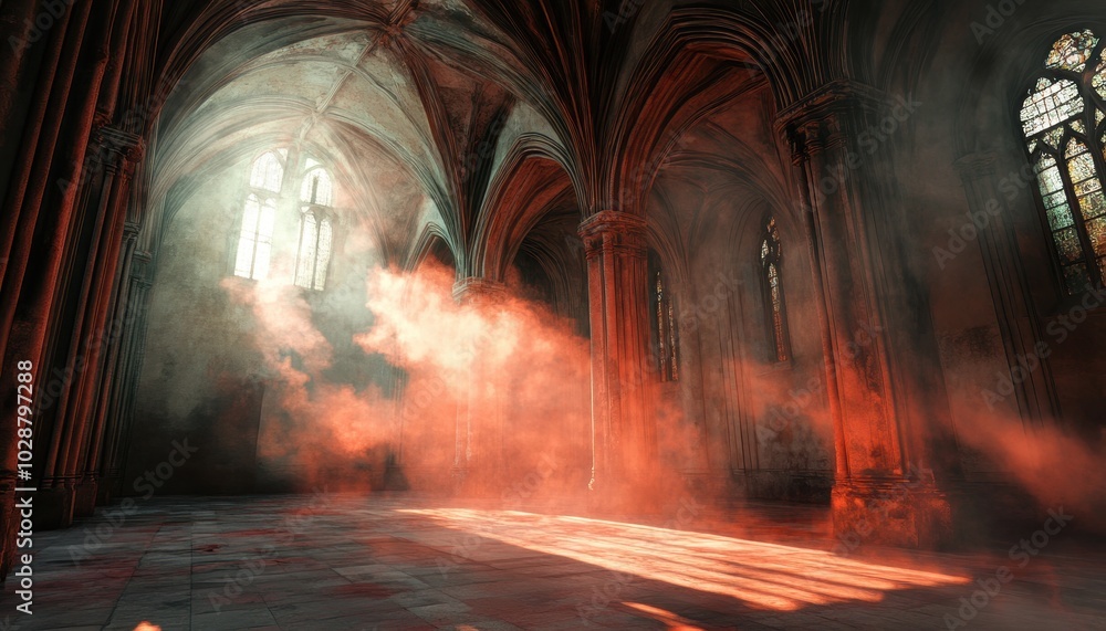 Dark gothic hall illuminated by light and smoke in a grand empty space Dark gothic hall illuminated by light and smoke in a grand empty space
