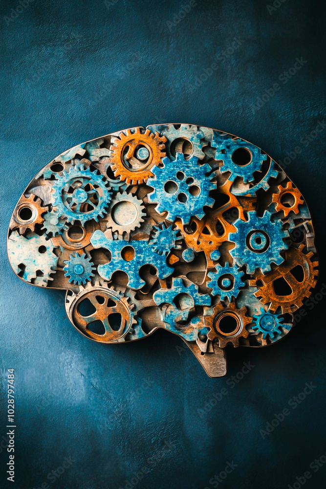 Fototapeta premium An imaginative illustration of a brain composed of puzzle pieces and mechanical gears