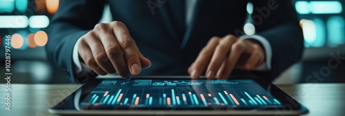 Business professional analyzing data trends on a tablet in a modern office se...