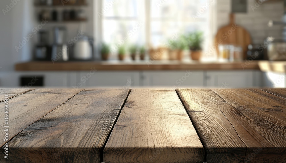 Empty wooden table in a bright kitchen with a blurred background in daylight Empty wooden table in a bright kitchen with a blurred background in daylight