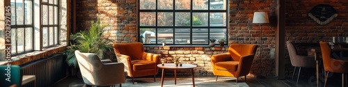 Cozy urban cafe interior with exposed brick walls and vintage furniture durin...