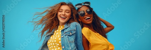 Two friends joyfully enjoying a sunny day outdoors in casual denim outfits ag...