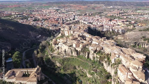  Drone view of the picturesque quarters of the city Cuenca. Castilla-La Mancha, Spain