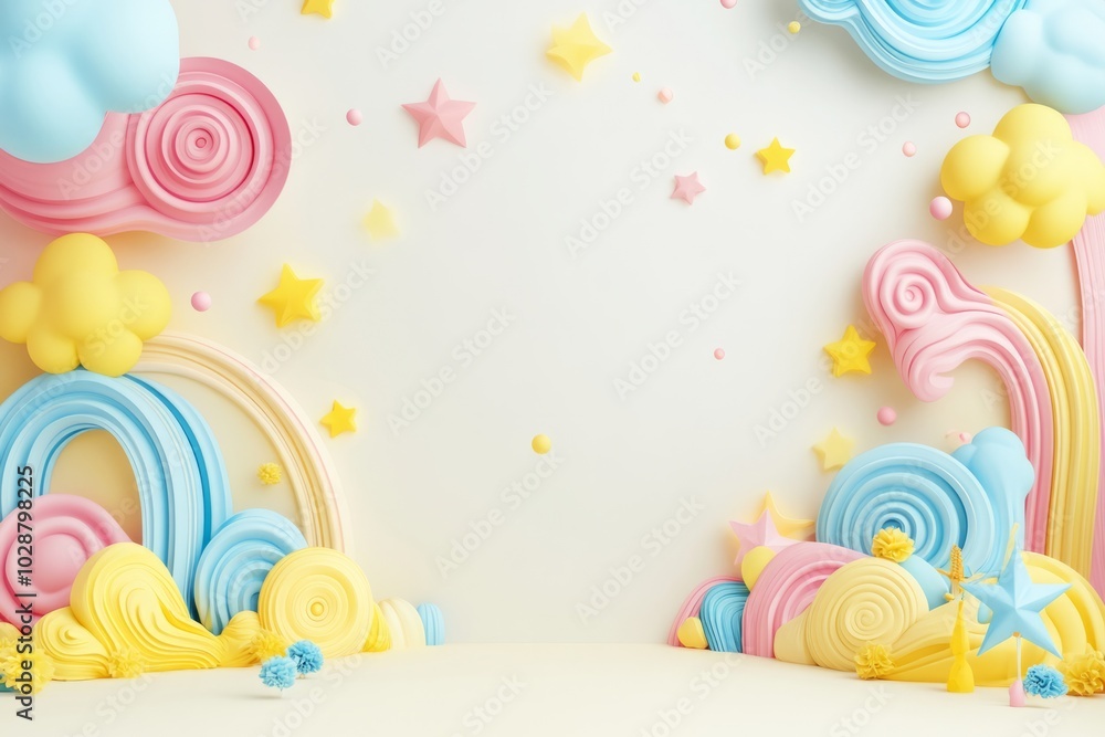 a soft white background. The edges and sides are painted yellow, pink and blue abstraction, circles, spirals. a soft white background. The edges and sides are painted yellow, pink and blue abstraction, circles, spirals.