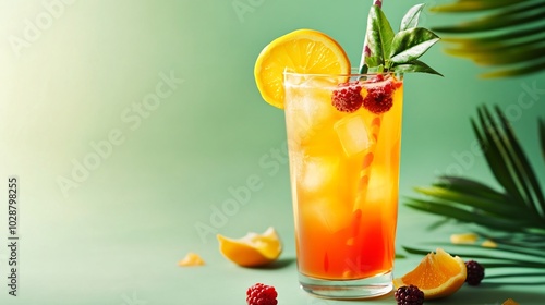 A colorful rum punch with citrus and berries, isolated on a soft pastel green background with elegant geometric accents