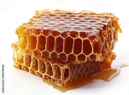 Freshly harvested honeycomb dripping with golden honey on a light background