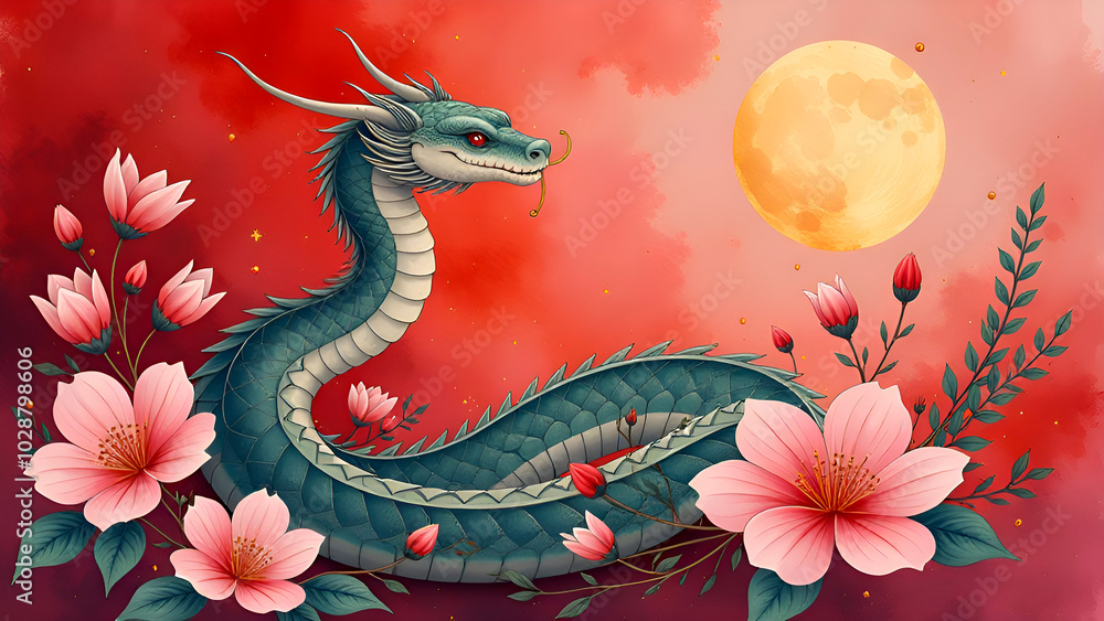 Fototapeta premium watercolor drawing of a serene serpent amidst Blossoms