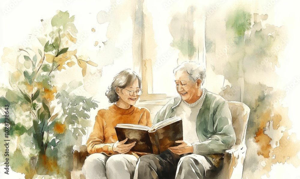 Elderly couple reading book together. Elderly couple reading book together.