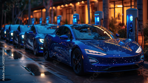 A hydrogen-powered vehicle fleet recharging at a sleek, modern hydrogen station.