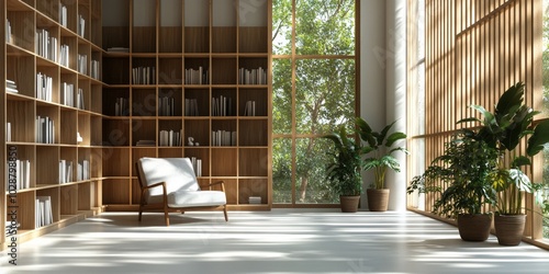 Modern reading nook with wooden shelves and plants in a spacious, sunlit room