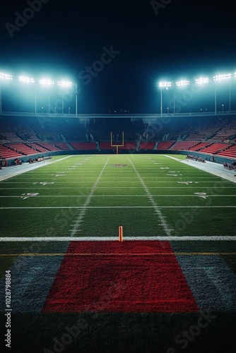 A vibrant football stadium under bright lights with an expansive green field ...